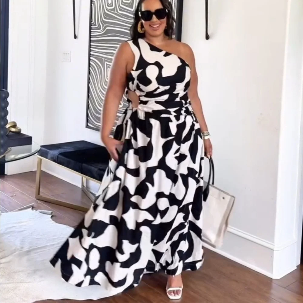 NEW Abercrombie & Fitch Black + White Abstract One Shoulder Cut Out Maxi Dress